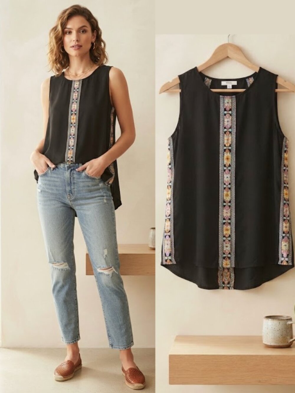 THML Women's Small Black Embroidered Boho Tank Top Open Back High Low Hem